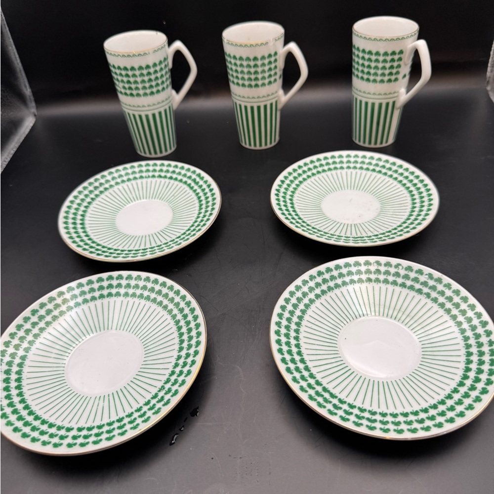 3 Demitasse Cups  & 4 Saucers NEIMAN MARCUS Japan 1970's SHAMROCK White/ Green